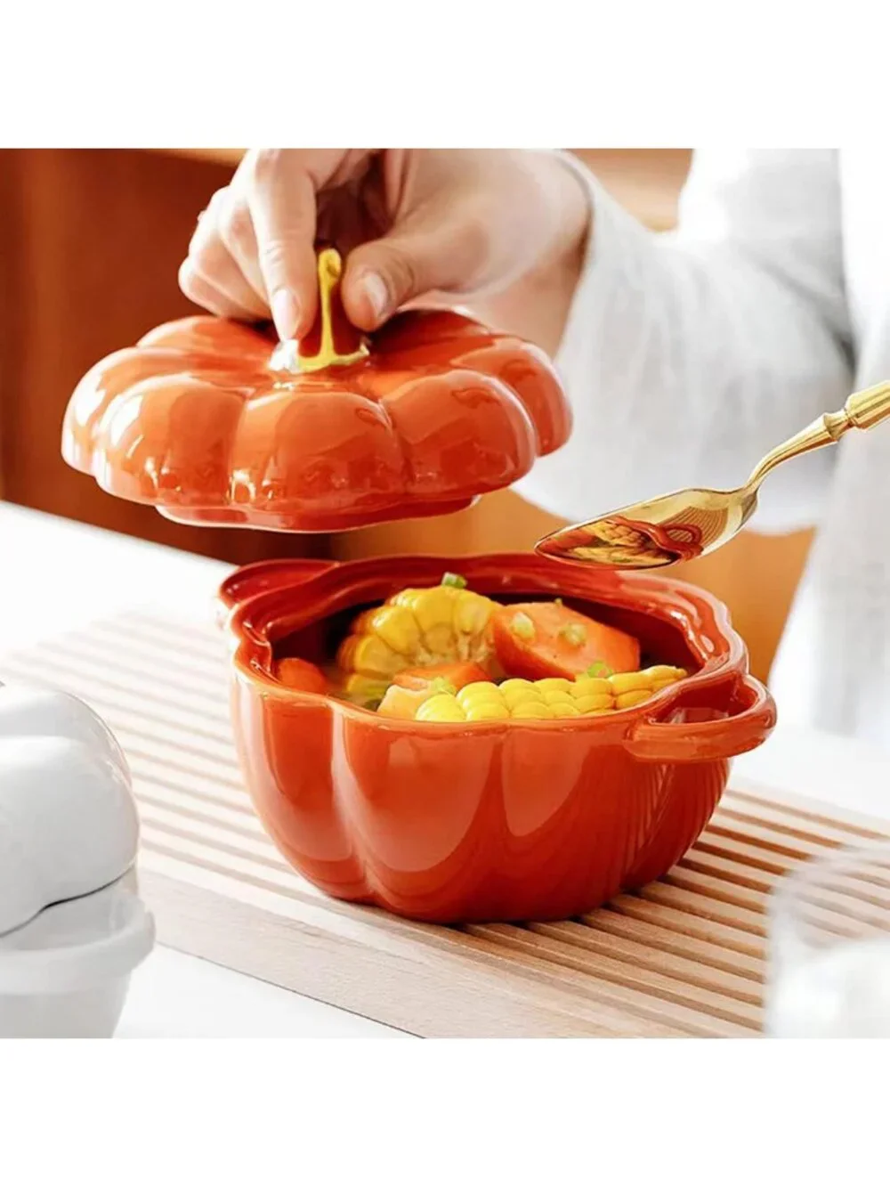 Set of 4 Pumpkin Ceramic Ramekins with Lids & Handles - Oven Safe Casserole